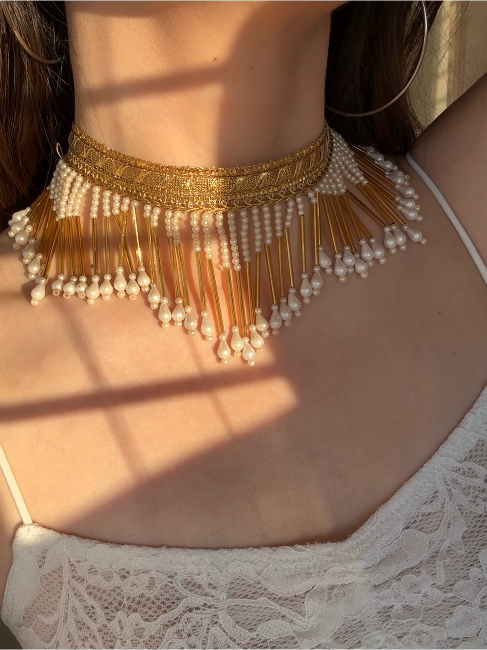 Gold and Pearl Fringe Choker Necklace - Women Jewelry